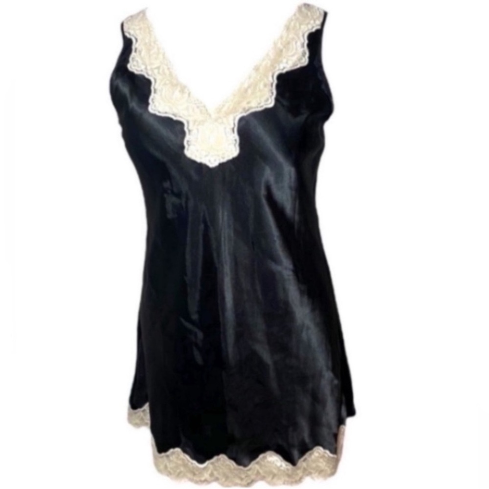 Vintage Inner Most Slip Dress Mini Black Cream Satin Lace V-Neck Dance Party  L - Picture 17 of 17